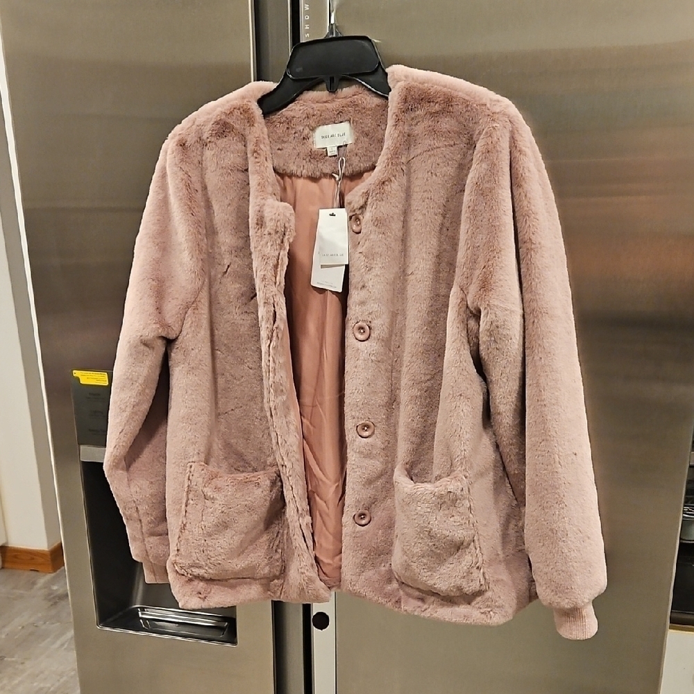 💕SKIES ARE BLUE💕 Faux Fur Jacket  ~ Mauve Pink Large L NWT
